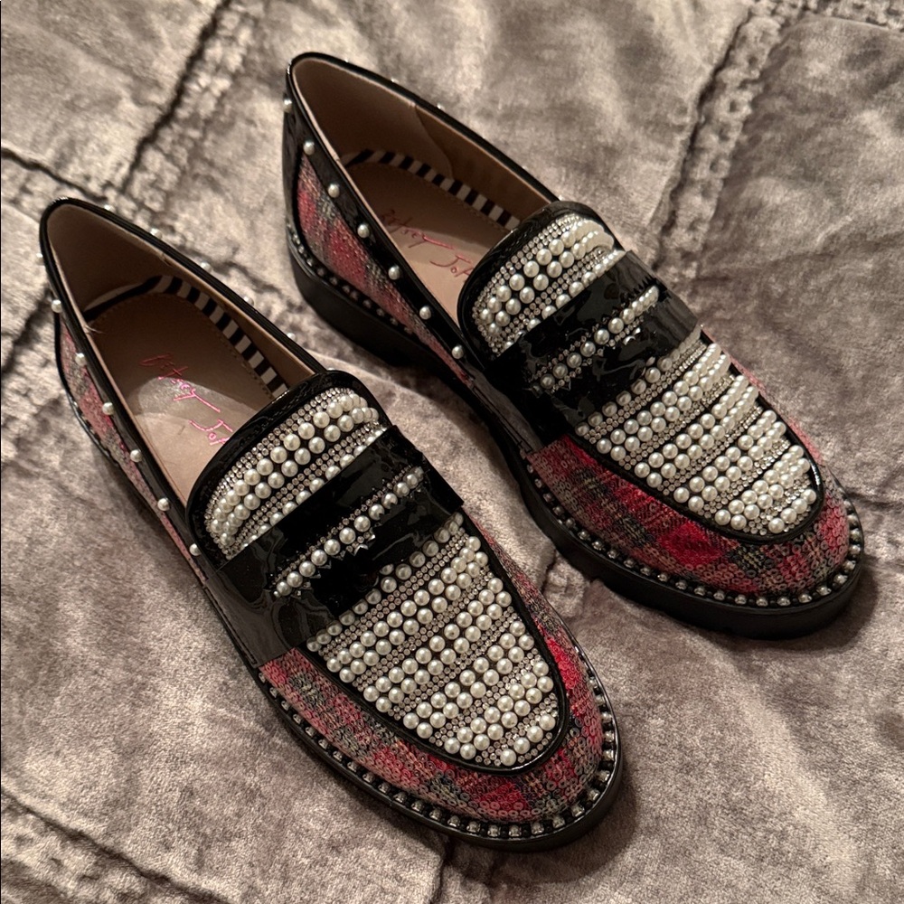Betsey Johnson Black and Red Loafers with Pearl Accents